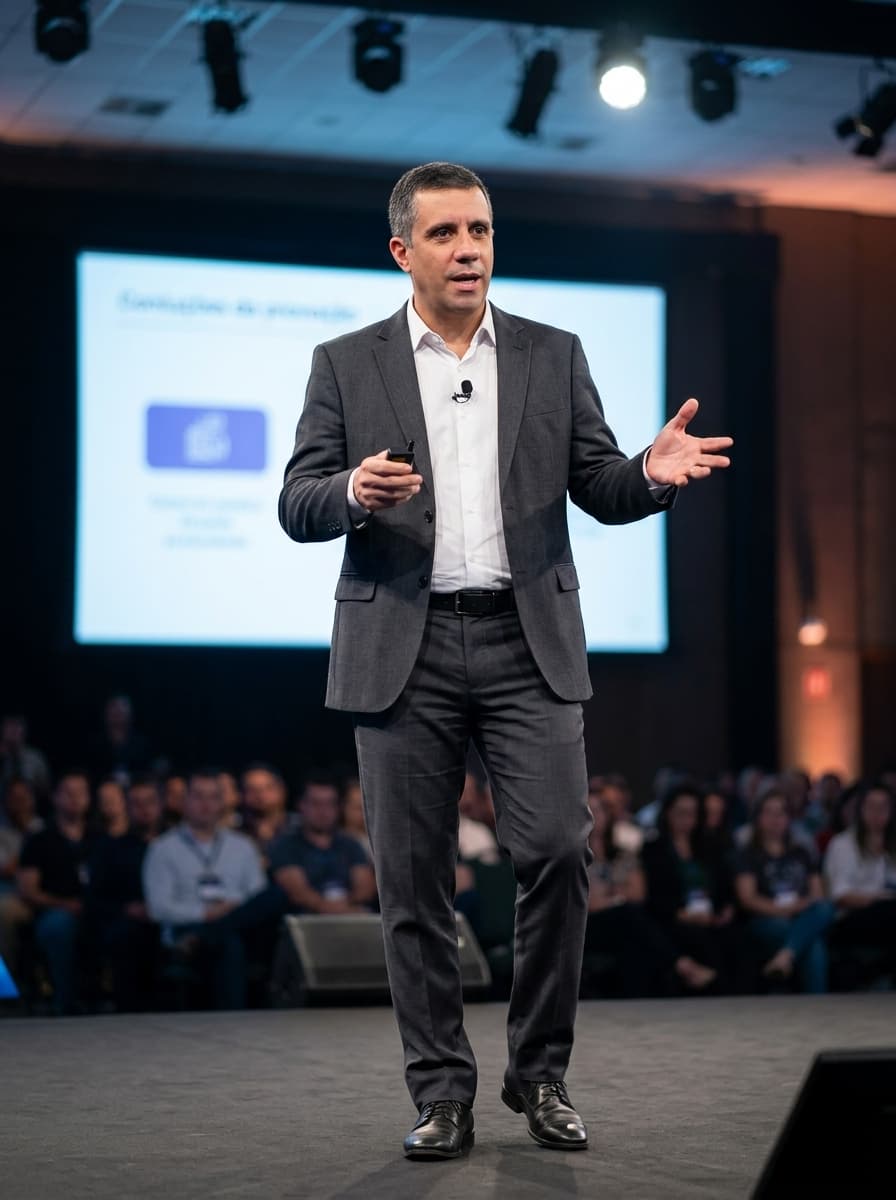 Renato Paes Leme speaking on stage at an event, facing the audience, with a slide projected behind him.